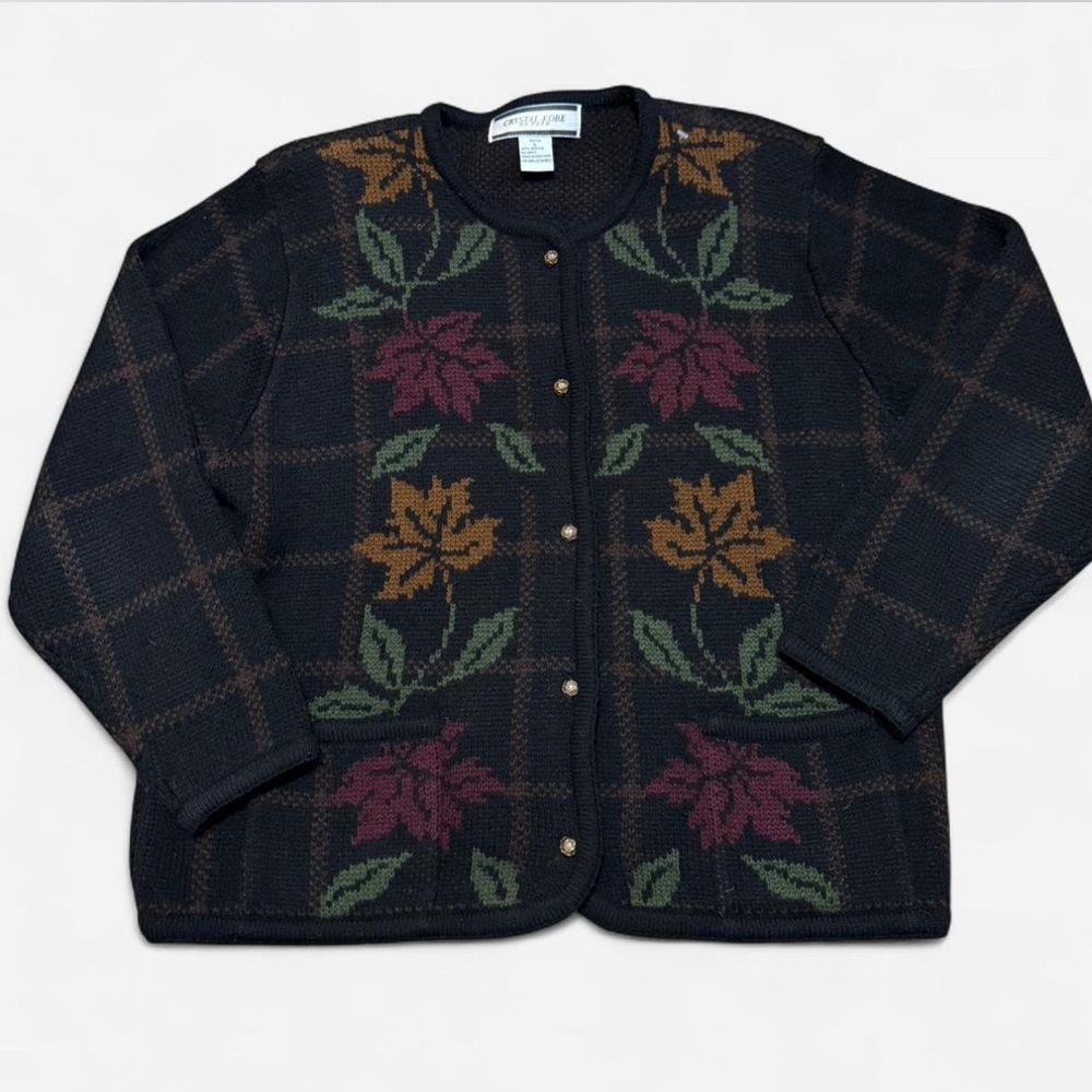 Vintage 90s Novelty Fall Leaves Oversized Cardigan Womens L Grandmacore Granny